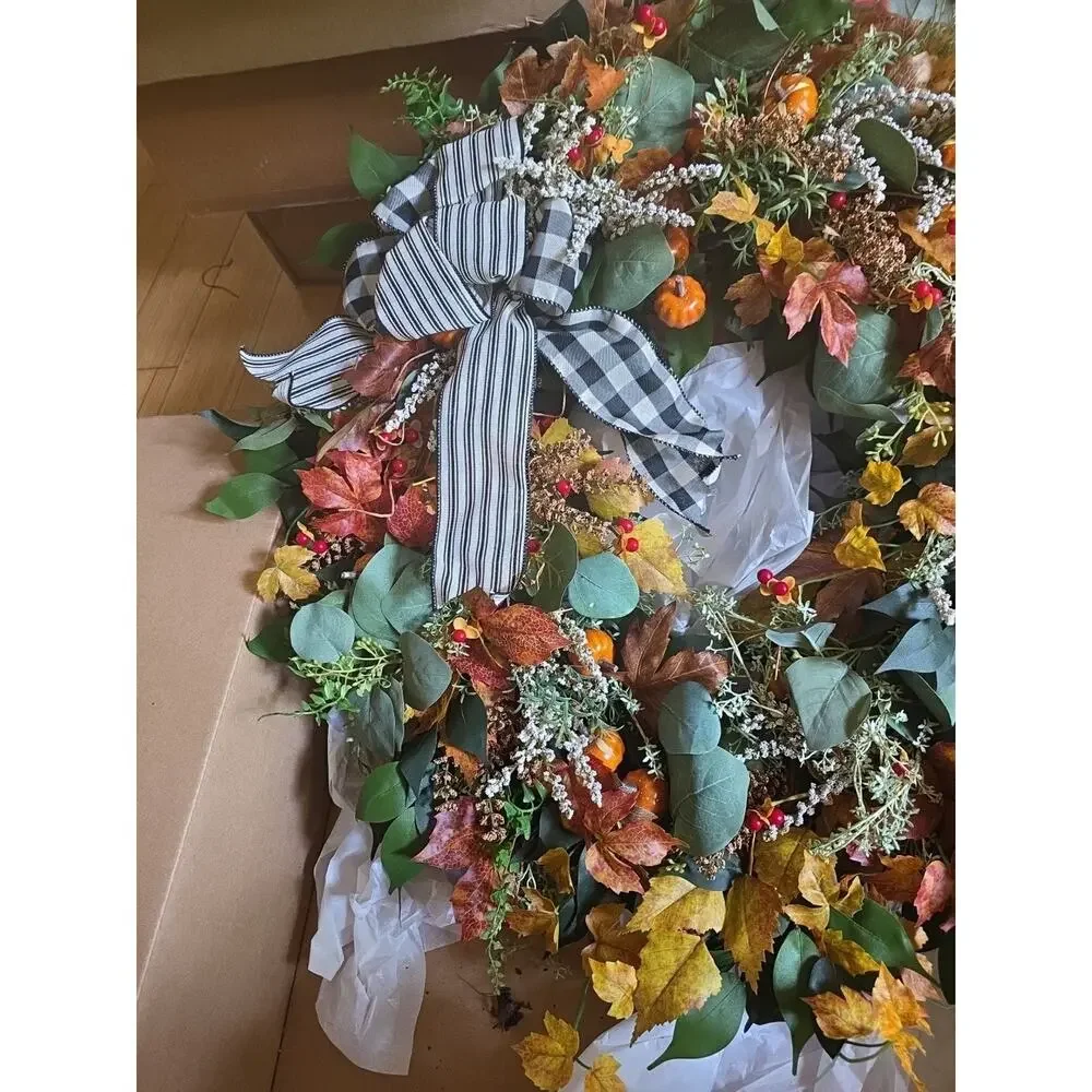 Handmade Autumn Fall Farmhouse Pumpkin Wreath Leaves Buffalo Plaid 26
